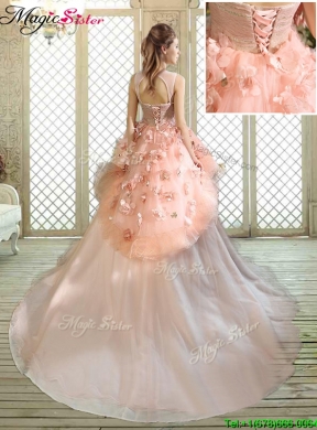 Beautiful Scoop Court Train Quinceanera Dresses with Hand Made Flowers