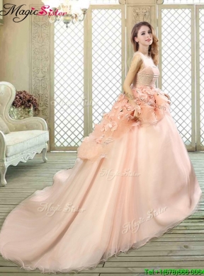 Beautiful Scoop Court Train Quinceanera Dresses with Hand Made Flowers