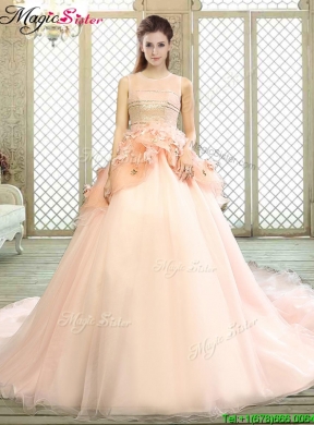 Beautiful Scoop Court Train Quinceanera Dresses with Hand Made Flowers