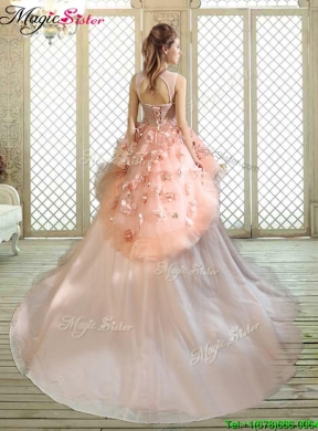 Beautiful Scoop Court Train Quinceanera Dresses with Hand Made Flowers