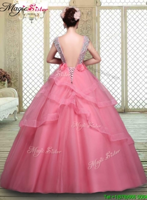 Elegant Backless Quinceanera Dresses with Beading and Hand Made Flowers