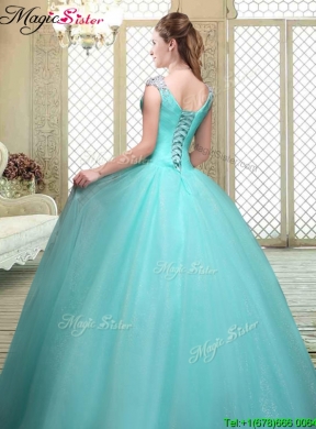 Luxurious Straps Beading Sweet 16 Dresses  in Aqua Blue