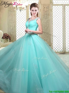 Luxurious Straps Beading Sweet 16 Dresses  in Aqua Blue