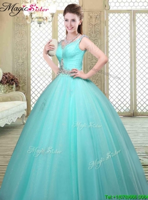 Luxurious Straps Beading Sweet 16 Dresses  in Aqua Blue