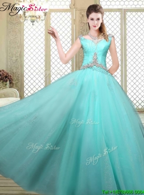 Luxurious Straps Beading Sweet 16 Dresses  in Aqua Blue