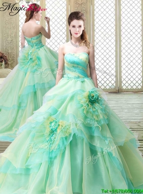 New Strapless Brush Train Prom Dresses with Hand Made Flowers