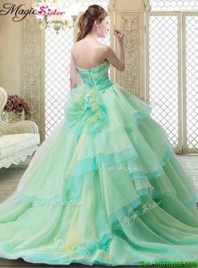 New Strapless Brush Train Prom Dresses with Hand Made Flowers