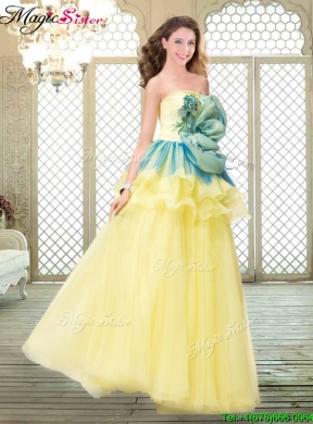 Perfect A Line Strapless Prom Dresses with Bowknot and Ruffles