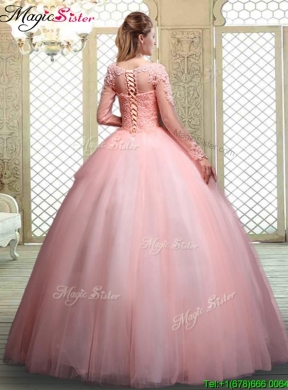 Cheap Bateau Long Sleeves Beading and Appliques Quinceanera Dresses