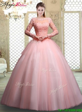 Cheap Bateau Long Sleeves Beading and Appliques Quinceanera Dresses