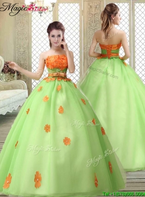 Cheap Strapless Quinceanera Gowns with  Appliques and Belt