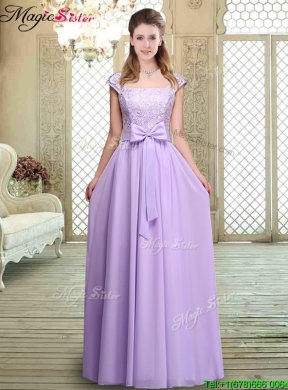 Fashionable Square Cap Sleeves Lavender Bridesmaid Dresses with Belt