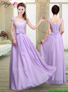 Fashionable Square Cap Sleeves Lavender Bridesmaid Dresses with Belt