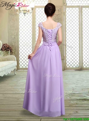 Fashionable Square Cap Sleeves Lavender Bridesmaid Dresses with Belt