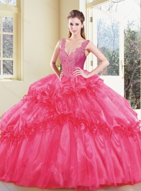 Modest V Neck Quinceanera Dresses with Appliques and Ruffles