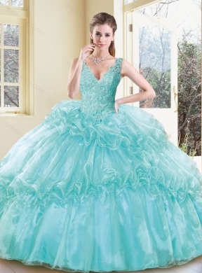 Modest V Neck Quinceanera Dresses with Appliques and Ruffles