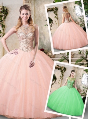 2016 Modest Bateau Peach Quinceanera Dresses with Beading