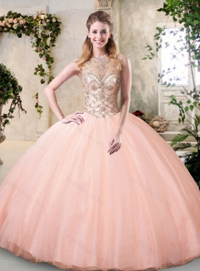 2016 Modest Bateau Peach Quinceanera Dresses with Beading