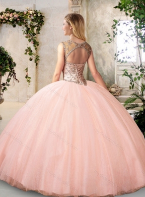 2016 Modest Bateau Peach Quinceanera Dresses with Beading