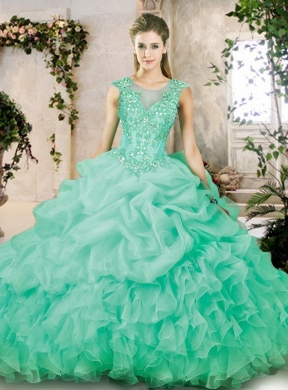 Popular Brush Train Quinceanera Dresses with Appliques and Ruffles