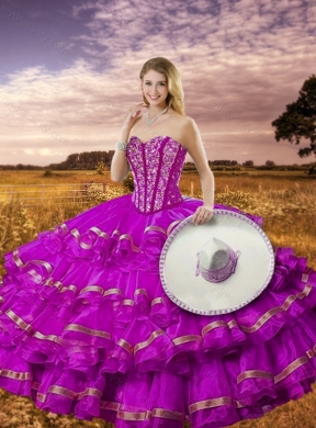 Pretty Beading and Ruffled Layers Fuchsia Detachable Sweet 16 Gowns