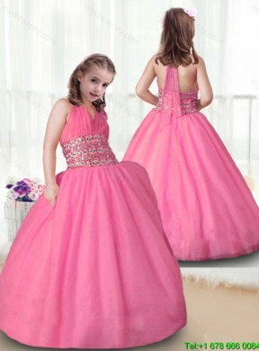 Popular Rose Pink Halter Top Girls Party Dresses