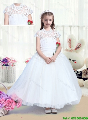 Simple High Neck Appliques Flower Girl Dresses with Tea Length