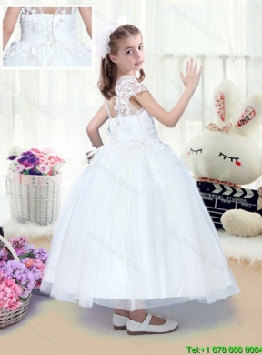 Simple High Neck Appliques Flower Girl Dresses with Tea Length