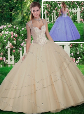 Champagne Simple Straps Beading Quinceanera Gowns for 2016