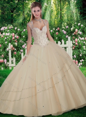 Champagne Simple Straps Beading Quinceanera Gowns for 2016