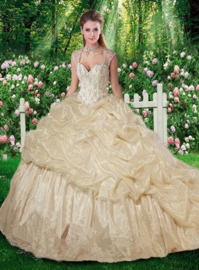 Brush Train Cheap Champagne Sweet 16 Gowns with Beading for Fall