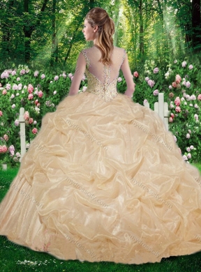 Brush Train Cheap Champagne Sweet 16 Gowns with Beading for Fall