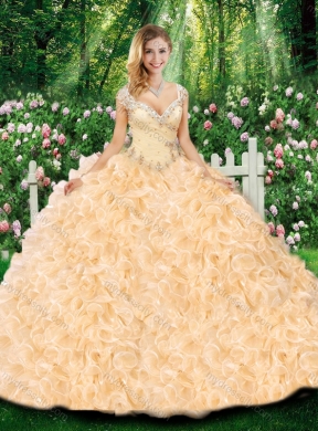 Champagne Luxurious Ball Gown Cap Sleeves Quinceanera Dresses with Beading and Ruffles for Fall