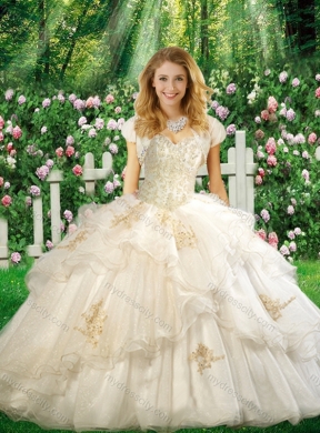 Champagne Pretty Ball Gown Quinceanera Dresses with Appliques and Ruffles in White