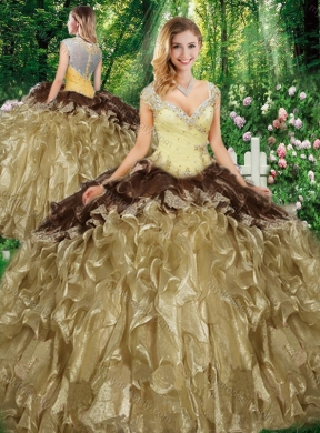 Champagne Wonderful Straps Sweet 16 Gowns with Beading and Ruffles