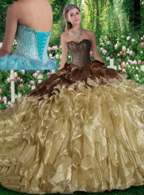 Cheap Champagne Ball Gown Beading Sweet 16 Dresses with Brush Train