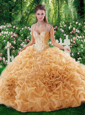 Cheap Champagne Ball Gown Straps Court Train 2016 Quinceanera Dresses with Beading