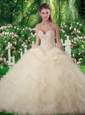 Cheap Champagne Ball Gown Sweet 16 Dresses with Beading and Ruffles