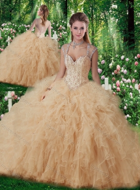 Cheap Champagne Straps Beading 2016 Quinceanera Gowns