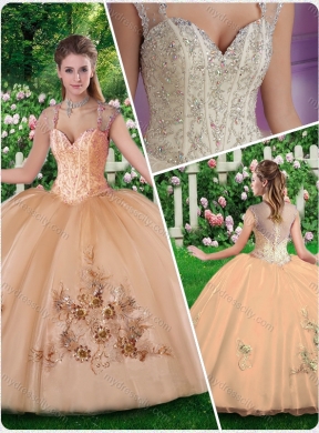 Cheap Champagne Style Straps Quinceanera Dresses with Beading and Appliques