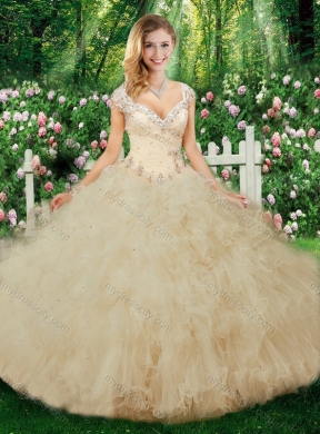 Cheap Champagne Ball Gown Beading Quinceanera Dresses with Cap Sleeves