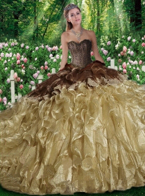 Cheap Champagne Ball Gown Beading Sweet 16 Dresses with Brush Train