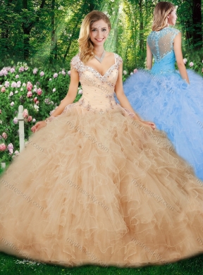 Cheap Champagne Ball Gown Quinceanera Gowns with Beading and Ruffles