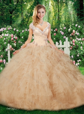 Cheap Champagne Ball Gown Quinceanera Gowns with Beading and Ruffles