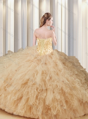 Cheap Champagne Sweetheart Quinceanera Dresses with Appliques and Ruffles