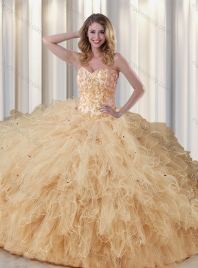 Cheap Champagne Sweetheart Quinceanera Dresses with Appliques and Ruffles