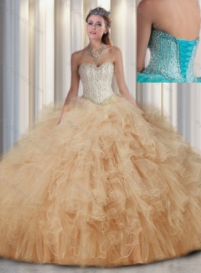 Cheap Champagne Sweetheart Quinceanera Dresses with Beading and Ruffles for Fall