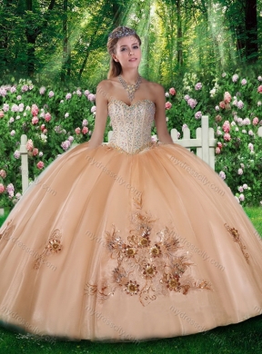 Pretty Champagne Ball Gown Beading and Appliques Quinceanera Dresses