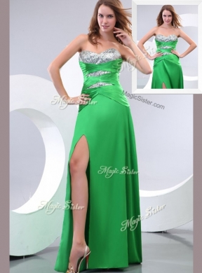 Affordable Sweetheart Paillette and High Slit Green Prom Dress