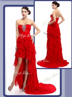 Cheap High Low Beading and Ruffled Layers Prom Dresses in Red